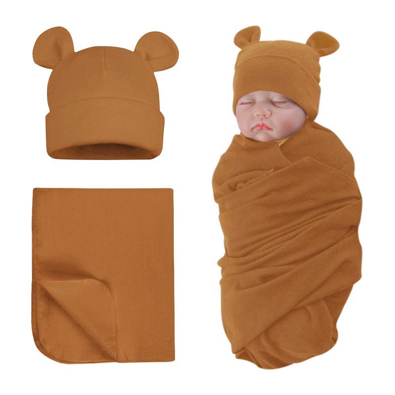 PESAAT Cotton Baby Swaddle Hat Set Newborn Infant Hats Receiving Blankets for Baby Boys Girls (Coffee, 0-6 Months) - Image 1